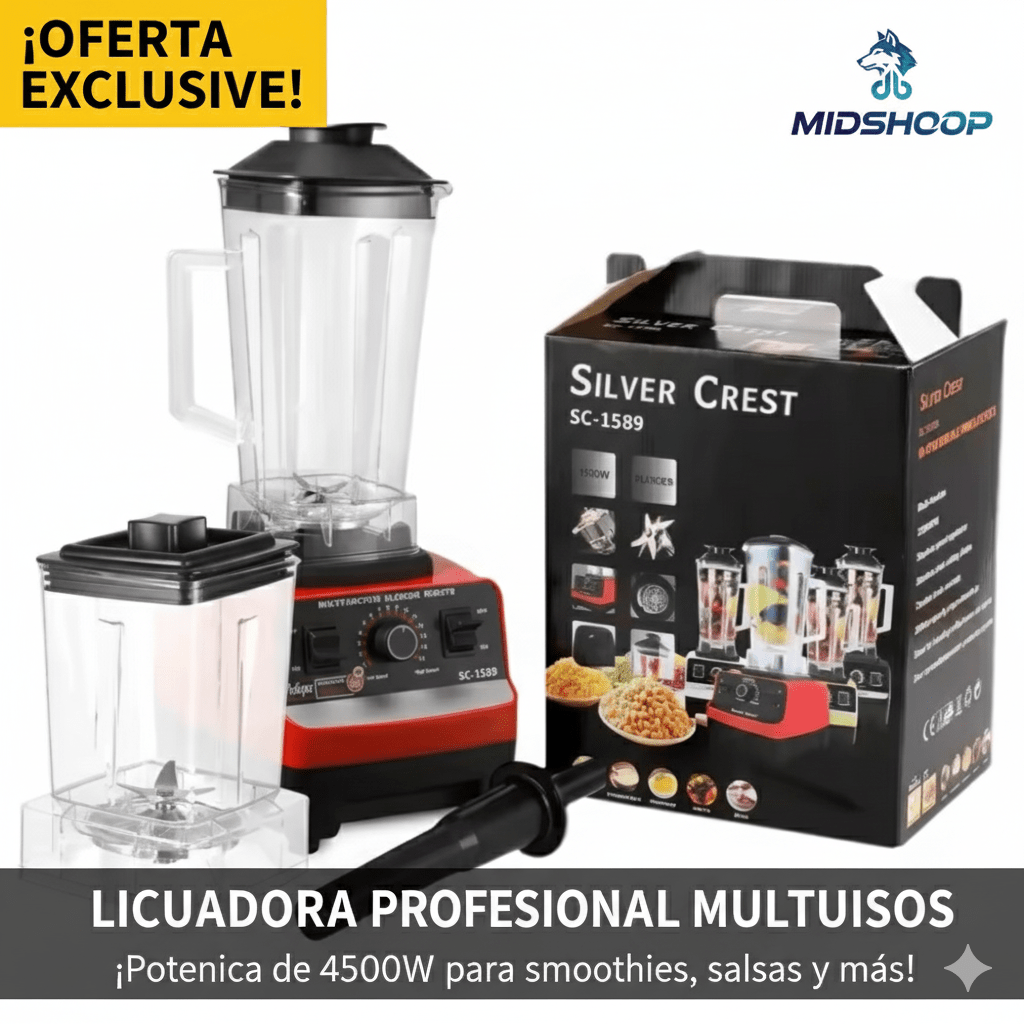 OFERTA EXCLUSIVA! Licuadora Profesional Silver Crest SC - 1589: 4500W de Potencia Multifunción para Smoothies, Salsas y Más - MID SHOOPOFERTA EXCLUSIVA! Licuadora Profesional Silver Crest SC - 1589: 4500W de Potencia Multifunción para Smoothies, Salsas y MásMID SHOOPMID SHOOP