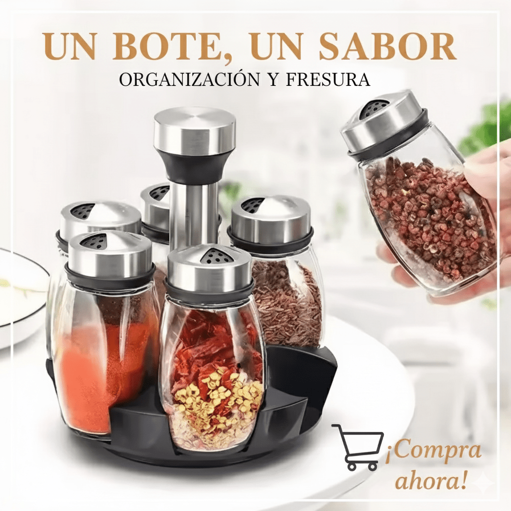 Revoluciona tu Cocina! Especiero Giratorio 360° con 6 Tarros de Cristal: Organización y Sabor al Alcance de tu Mano - MID SHOOPRevoluciona tu Cocina! Especiero Giratorio 360° con 6 Tarros de Cristal: Organización y Sabor al Alcance de tu ManoMID SHOOPMID SHOOP